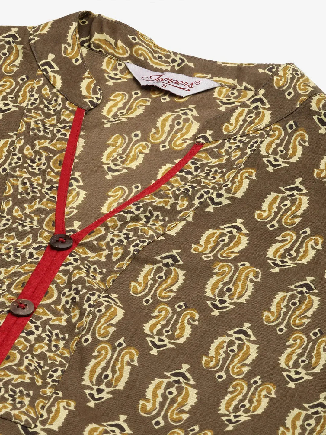 Jompers Women's Brown and Olive Printed Straight Pure Cotton Kurta