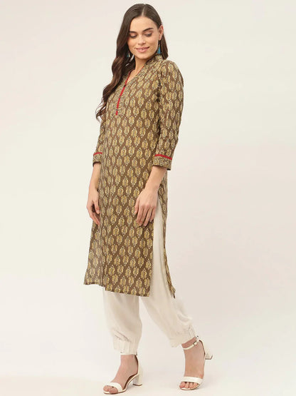 Jompers Women's Brown and Olive Printed Straight Pure Cotton Kurta