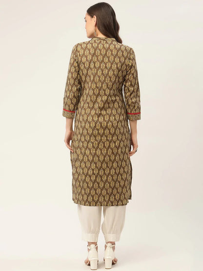 Jompers Women's Brown and Olive Printed Straight Pure Cotton Kurta