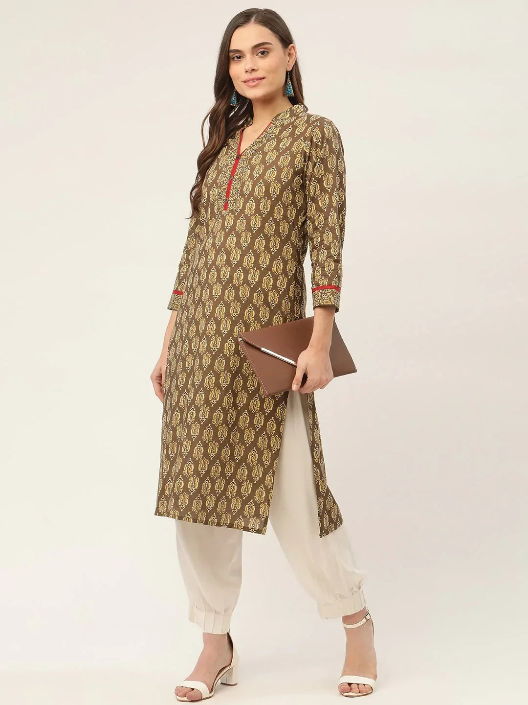 Jompers Women's Brown and Olive Printed Straight Pure Cotton Kurta