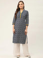 Jompers Women's Indigo Blue Printed Straight Pure Cotton Kurta