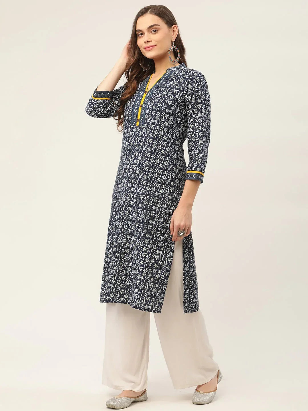 Jompers Women's Indigo Blue Printed Straight Pure Cotton Kurta