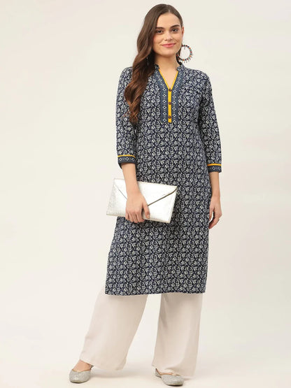 Jompers Women's Indigo Blue Printed Straight Pure Cotton Kurta