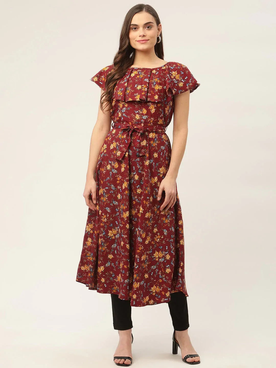Jompers Women's Maroon Flared Printed kurta