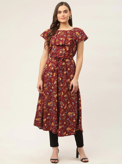 Jompers Women's Maroon Flared Printed kurta