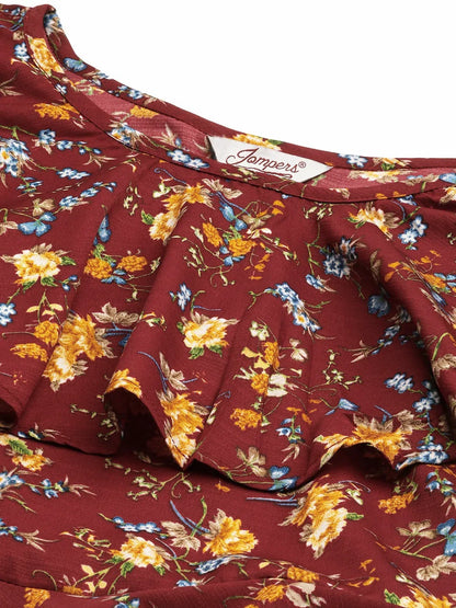 Jompers Women's Maroon Flared Printed kurta