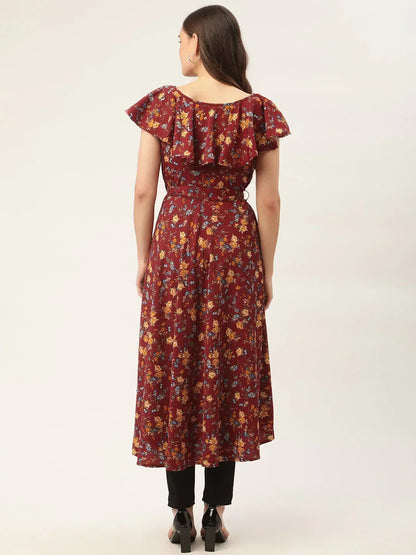 Jompers Women's Maroon Flared Printed kurta