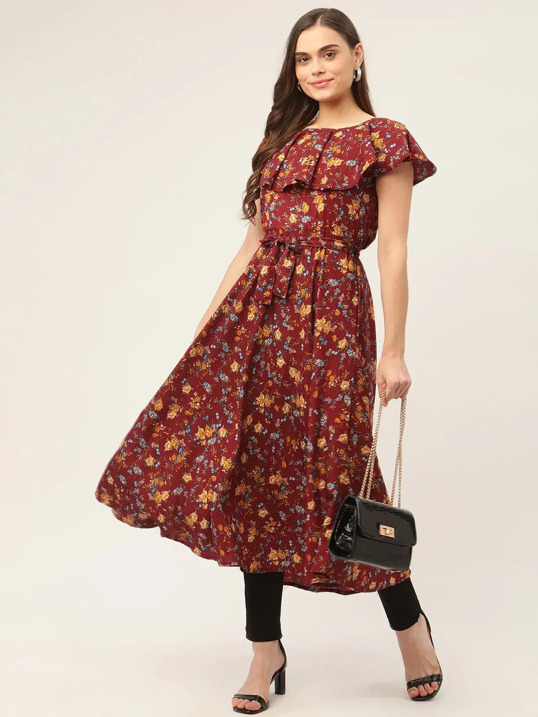 Jompers Women's Maroon Flared Printed kurta