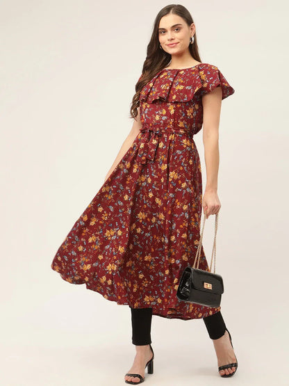 Jompers Women's Maroon Flared Printed kurta
