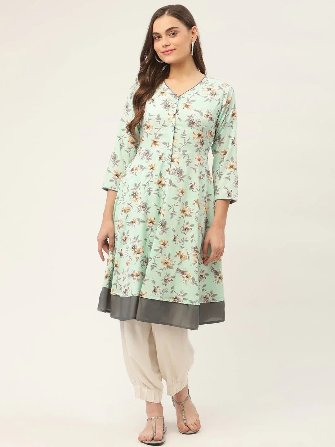 Jompers Women's Sky Blue and White Flared Printed kurta