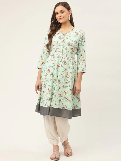 Jompers Women's Sky Blue and White Flared Printed kurta