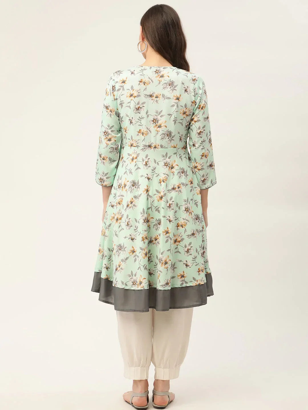 Jompers Women's Sky Blue and White Flared Printed kurta