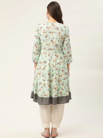 Jompers Women's Sky Blue and White Flared Printed kurta