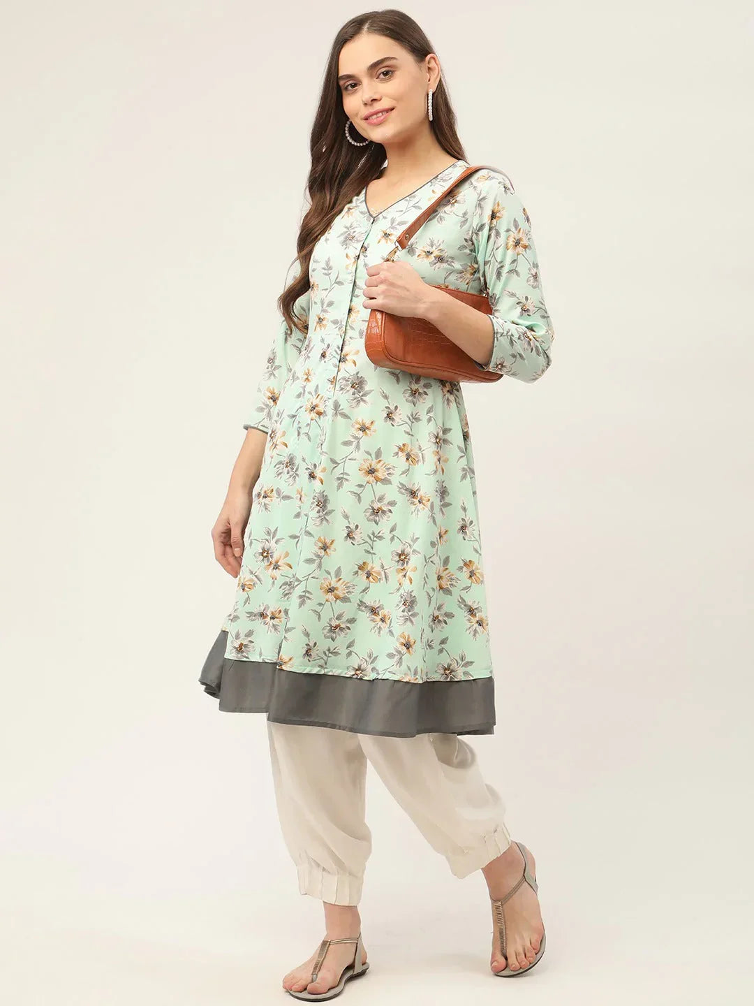 Jompers Women's Sky Blue and White Flared Printed kurta