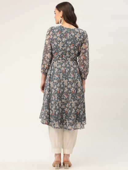 Jompers Women's Grey & White Georgette Floral Printed Kurta