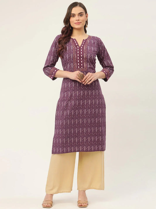 Jompers Women's Purple Pure Cotton Ikat Printed Kurta