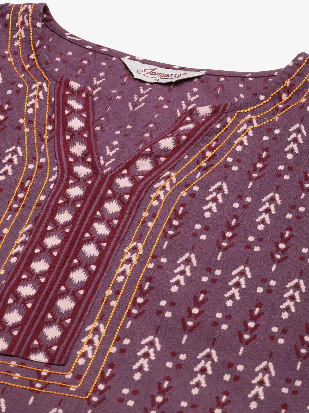 Jompers Women's Purple Pure Cotton Ikat Printed Kurta
