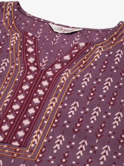 Jompers Women's Purple Pure Cotton Ikat Printed Kurta