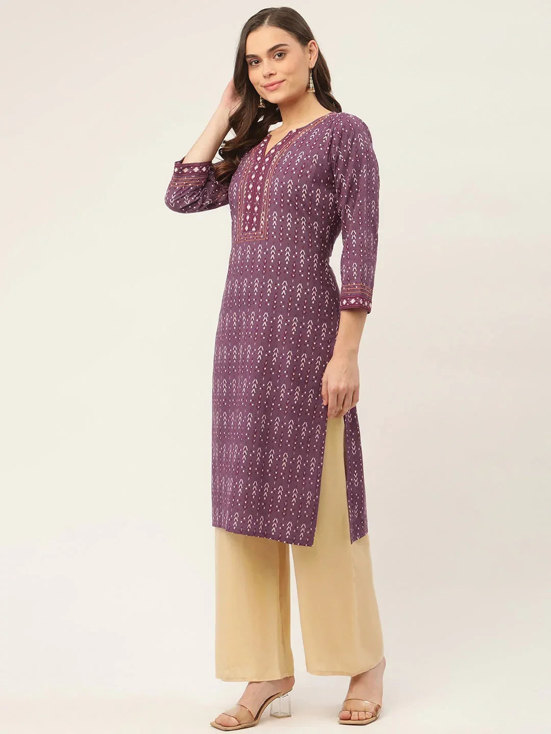 Jompers Women's Purple Pure Cotton Ikat Printed Kurta