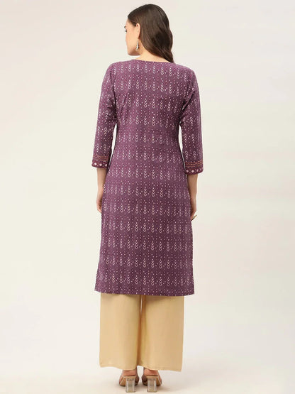 Jompers Women's Purple Pure Cotton Ikat Printed Kurta