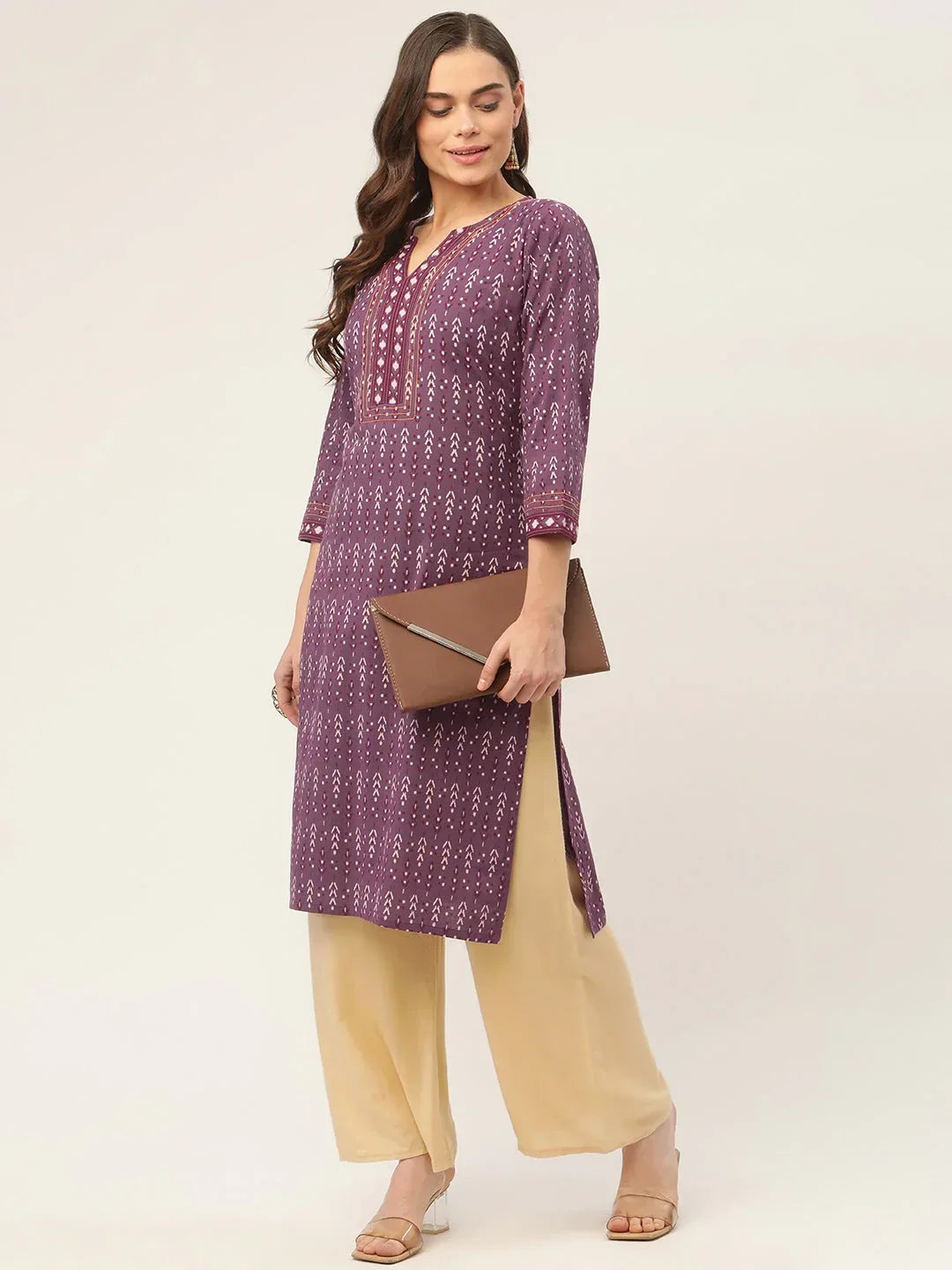 Jompers Women's Purple Pure Cotton Ikat Printed Kurta