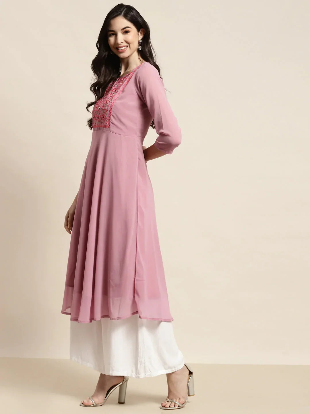 Jompers Women's Yoke Design Georgette Anarkali Kurta - Pink
