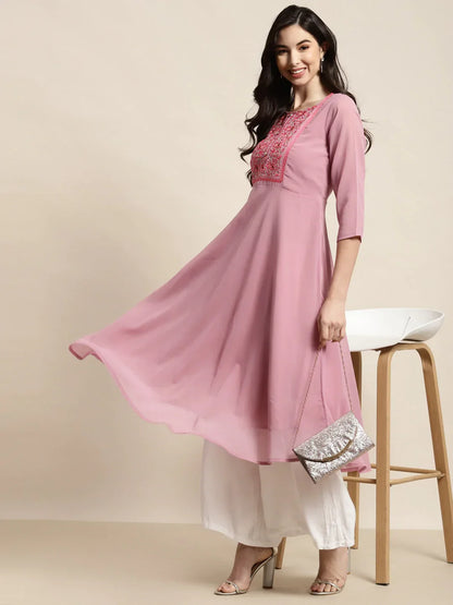 Jompers Women's Yoke Design Georgette Anarkali Kurta - Pink