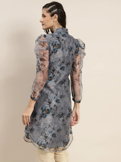 Jompers Women's Organza Printed Puff Sleeves Kurta - Grey