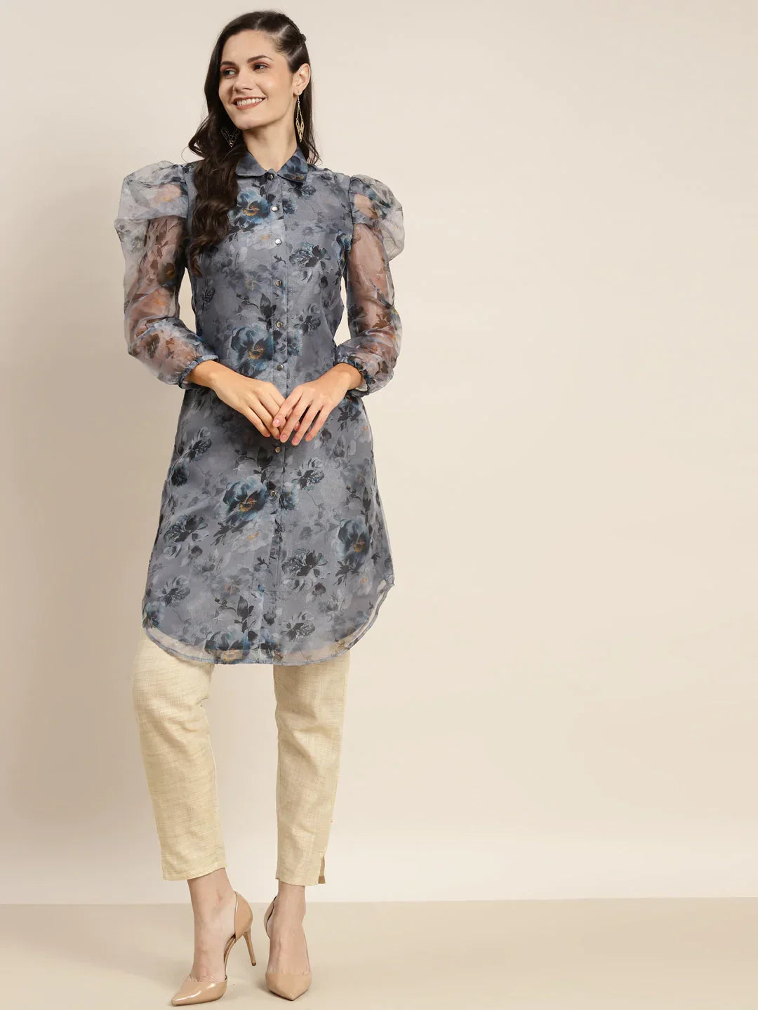 Jompers Women's Organza Printed Puff Sleeves Kurta - Grey