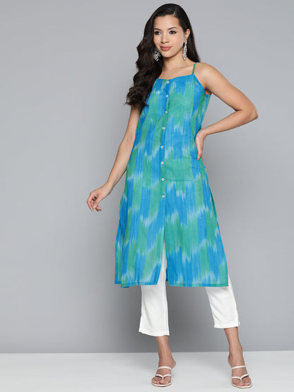 Jompers Women's Pure Cotton Blue Ikkat Kurta