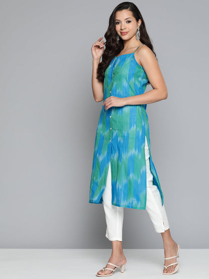 Jompers Women's Pure Cotton Blue Ikkat Kurta