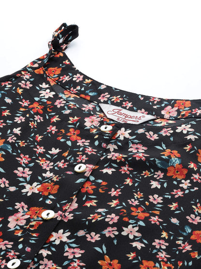 Jompers Women's Floral Printed Floral Georgette Kurta - Black