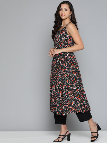 Jompers Women's Floral Printed Floral Georgette Kurta - Black