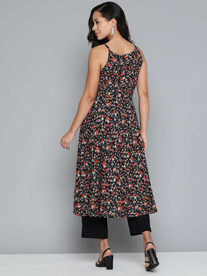 Jompers Women's Floral Printed Floral Georgette Kurta - Black