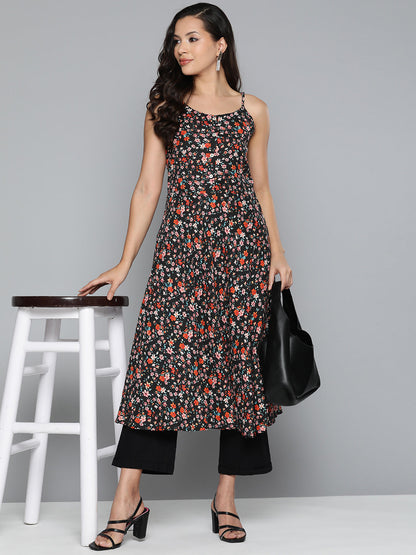 Jompers Women's Floral Printed Floral Georgette Kurta - Black