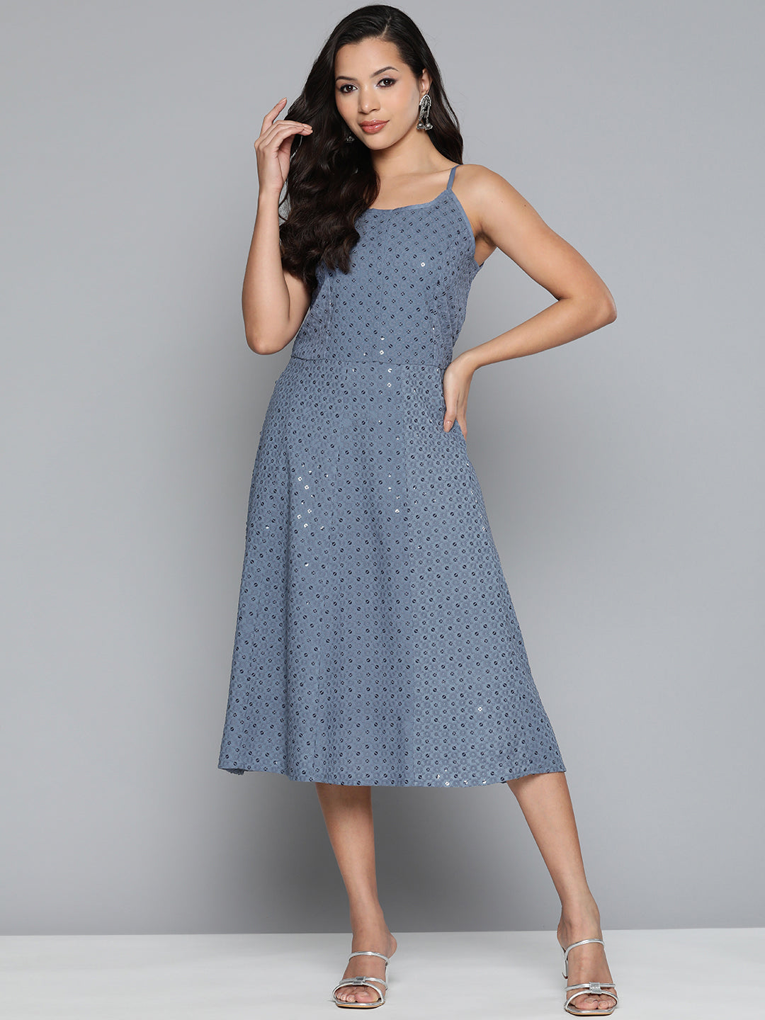 Jompers Women's Grey Floral Sequin Embroidered A-Line Midi Dress - Grey