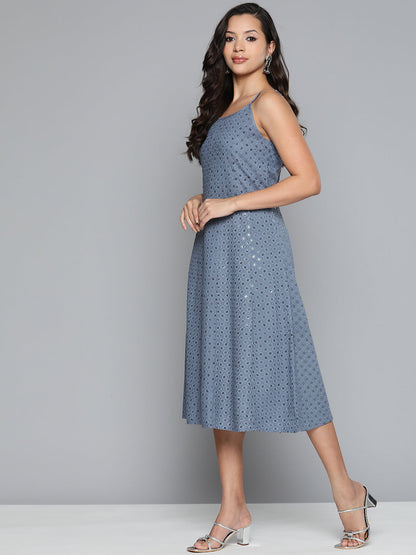 Jompers Women's Grey Floral Sequin Embroidered A-Line Midi Dress - Grey