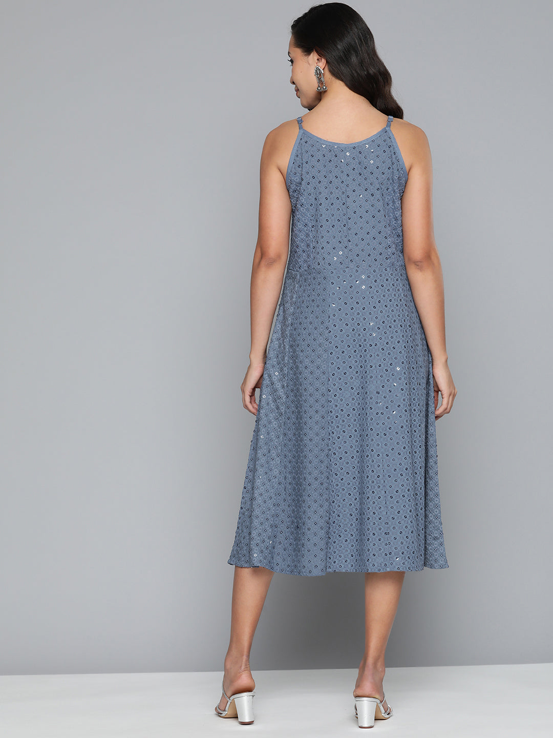 Jompers Women's Grey Floral Sequin Embroidered A-Line Midi Dress - Grey