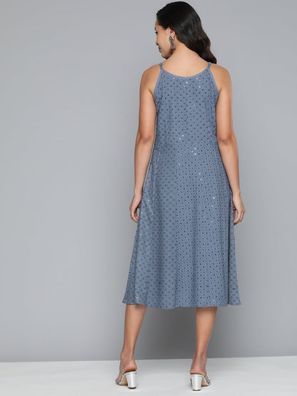 Jompers Women's Grey Floral Sequin Embroidered A-Line Midi Dress - Grey