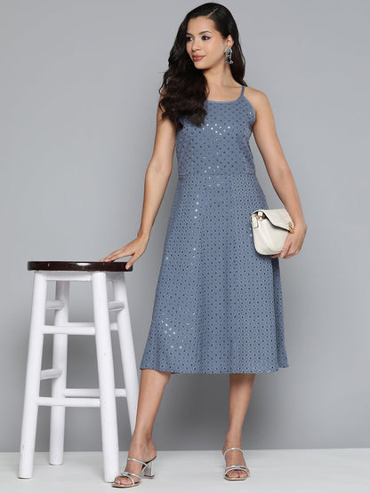 Jompers Women's Grey Floral Sequin Embroidered A-Line Midi Dress - Grey