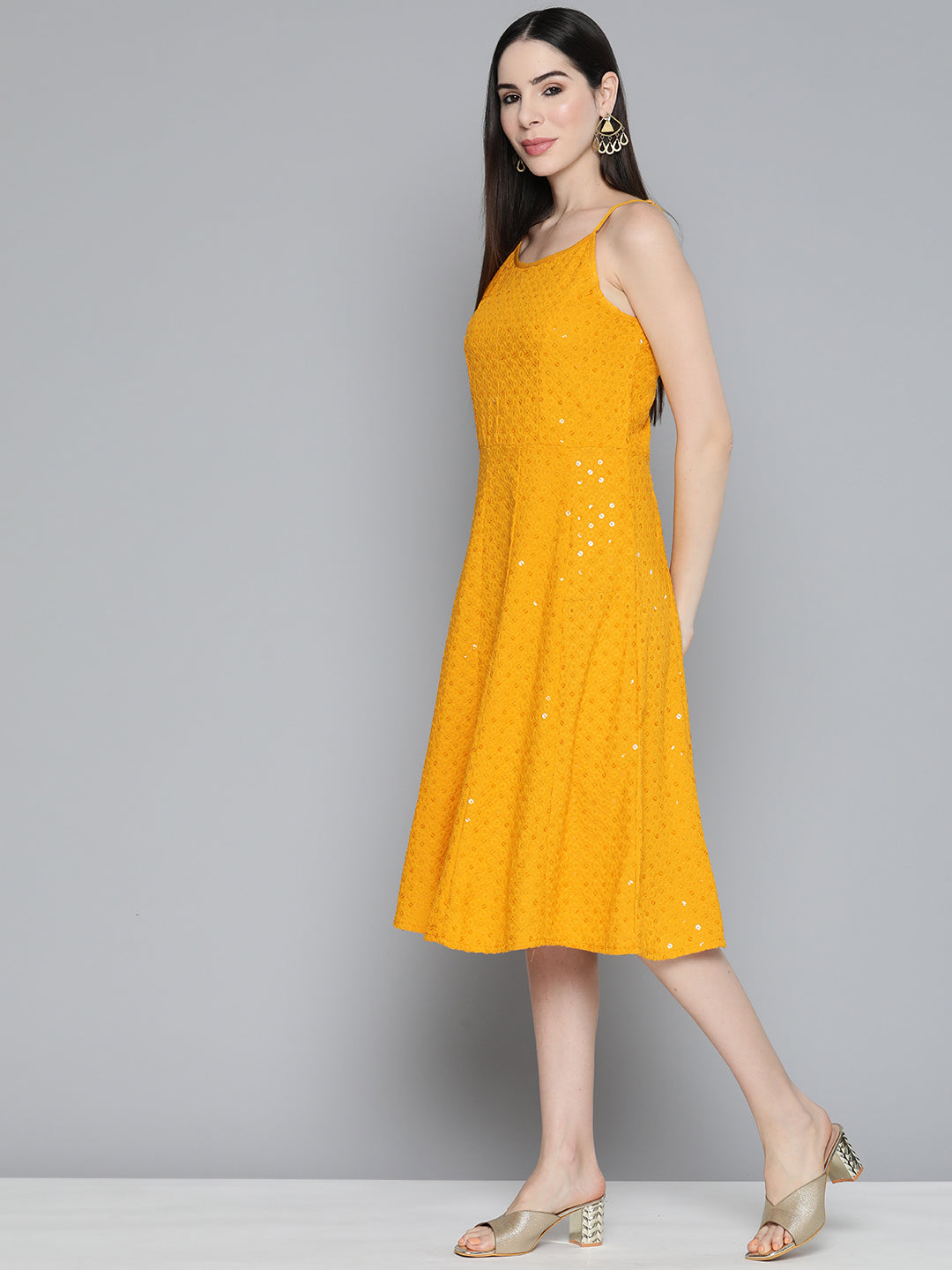 Jompers Women's Mustard Floral Sequin Embroidered A-Line Midi Dress - Mustard