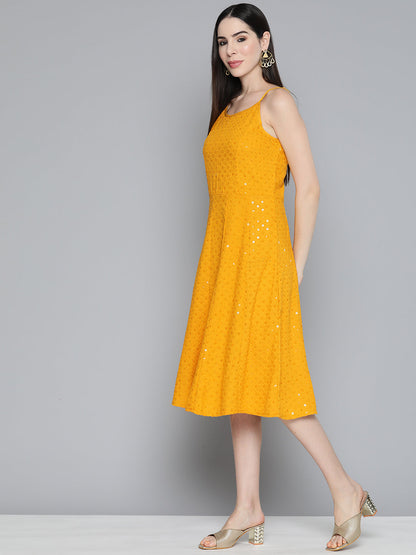 Jompers Women's Mustard Floral Sequin Embroidered A-Line Midi Dress - Mustard