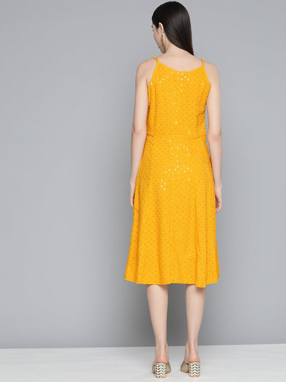 Jompers Women's Mustard Floral Sequin Embroidered A-Line Midi Dress - Mustard
