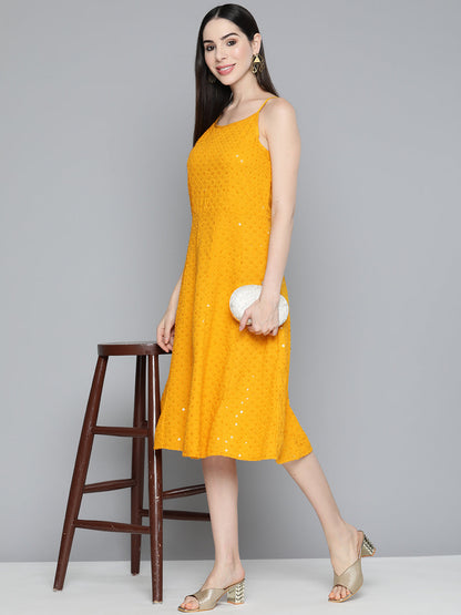 Jompers Women's Mustard Floral Sequin Embroidered A-Line Midi Dress - Mustard