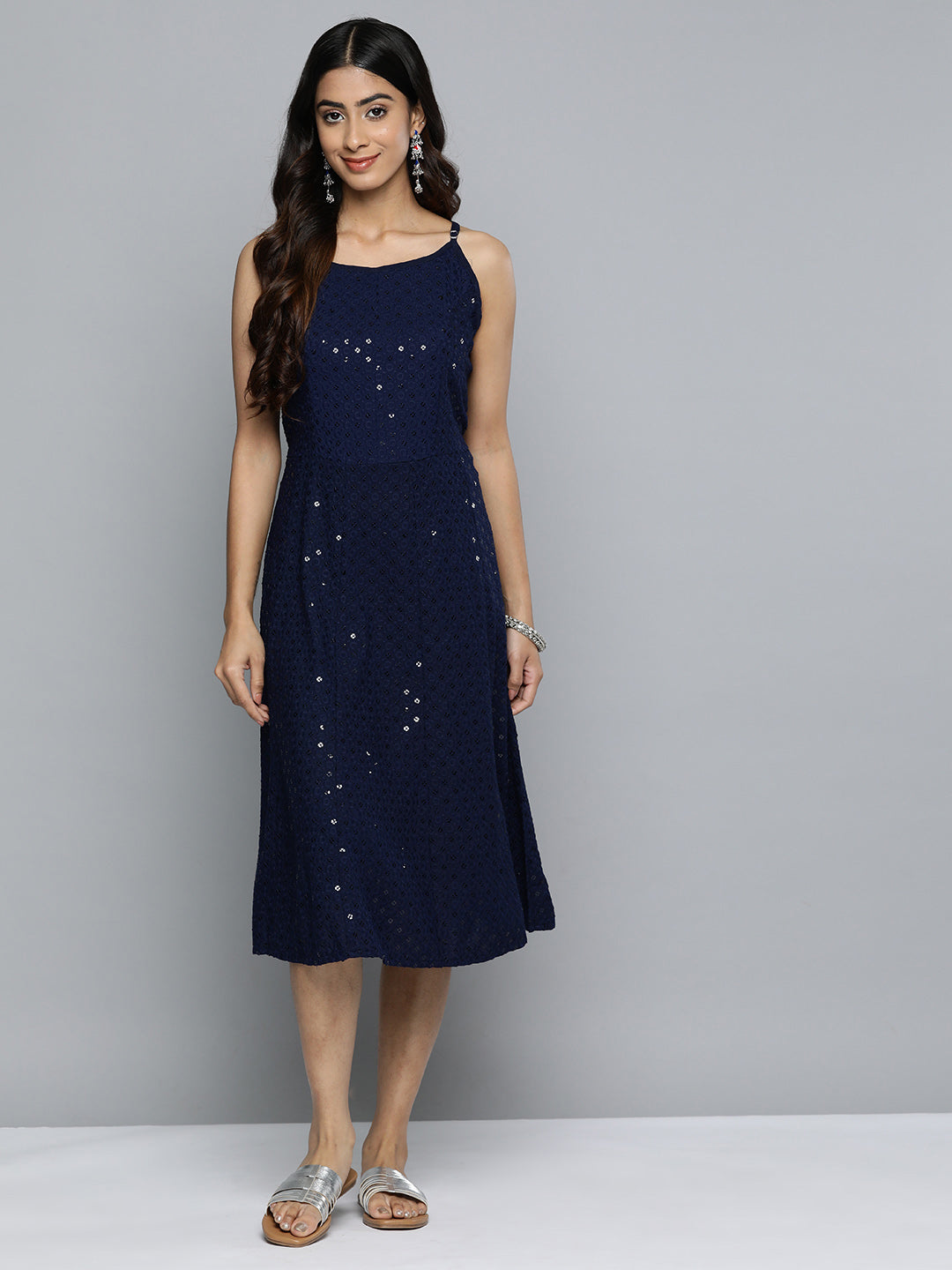 Jompers Women's Navy Floral Sequin Embroidered A-Line Midi Dress