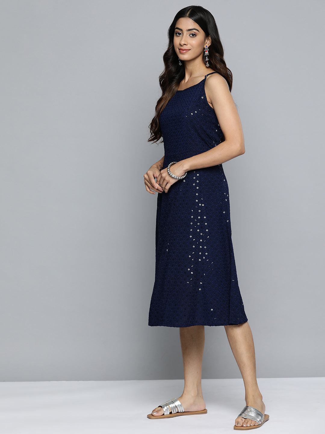 Jompers Women's Navy Floral Sequin Embroidered A-Line Midi Dress