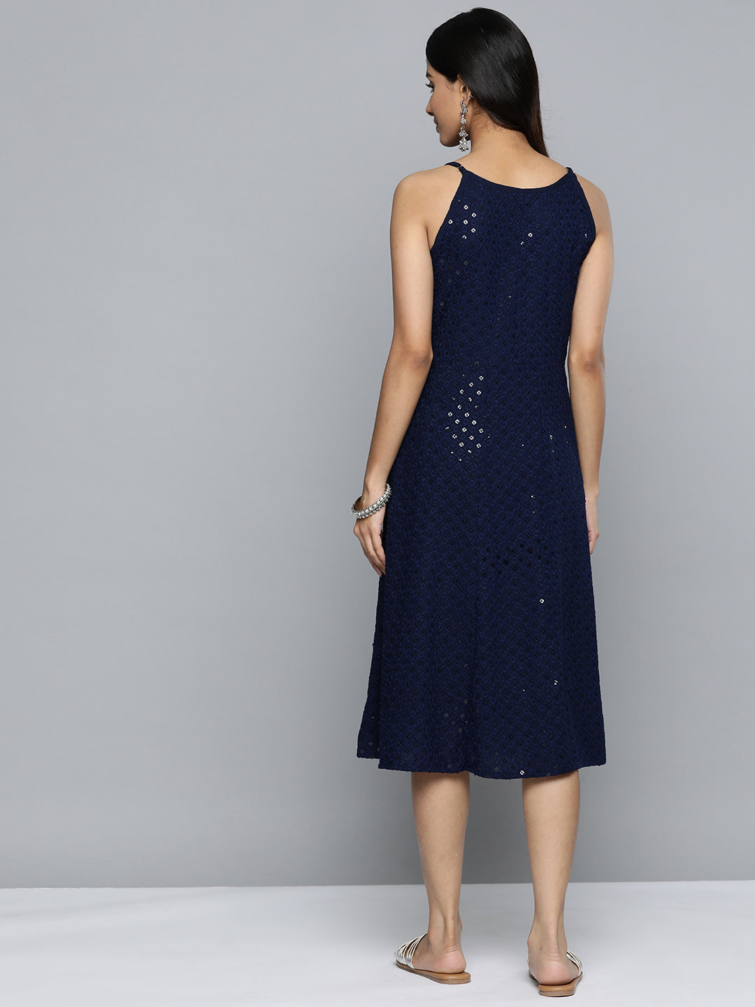Jompers Women's Navy Floral Sequin Embroidered A-Line Midi Dress