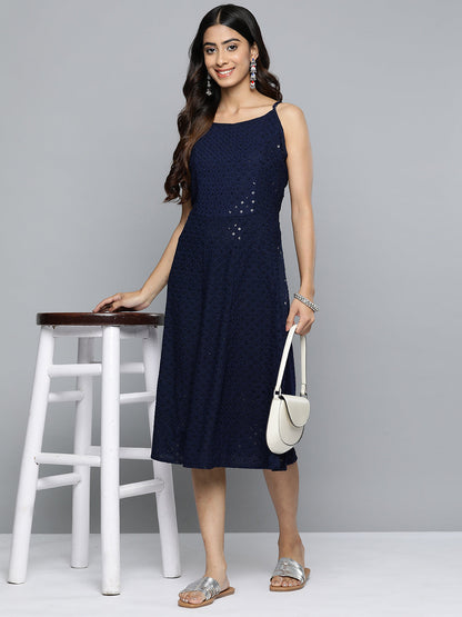Jompers Women's Navy Floral Sequin Embroidered A-Line Midi Dress
