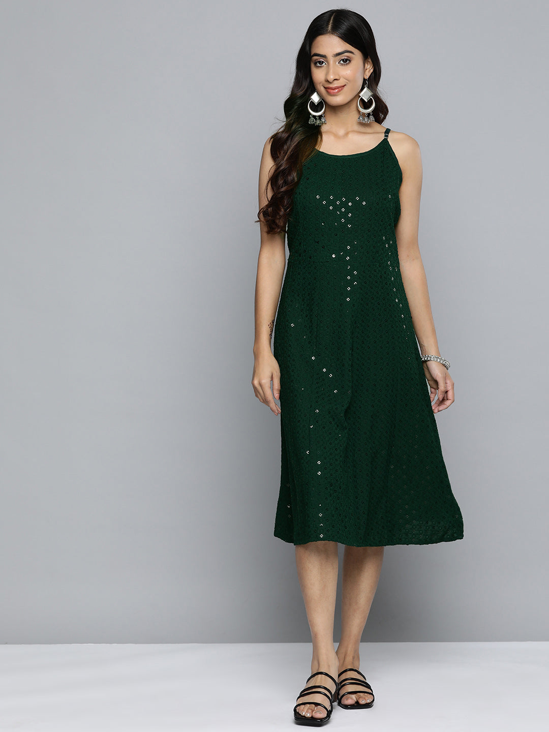Jompers Women's Olive Floral Sequin Embroidered A-Line Midi Dress