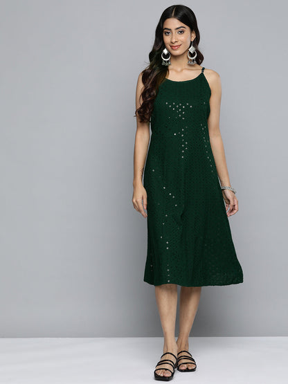 Jompers Women's Olive Floral Sequin Embroidered A-Line Midi Dress